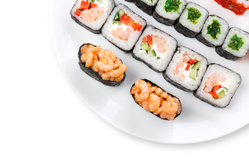 Set of sushi and rolls on white background