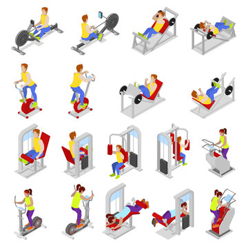 Isometric People at the Gym. Sportsmen Workout. Sports Equipment. Fitness Exercises. Vector flat 3d illustration
