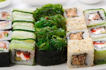 Sushi set on white plate background