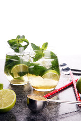 Lemon Fruit Lime Caipirinha of Brazil on grey vintage background