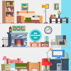 Big detailed Interior set. Home furniture. Interior design. Set of elements cupboard, sofa, fireplace, coffee table, lamp, flowers, pictures. Vector illustration