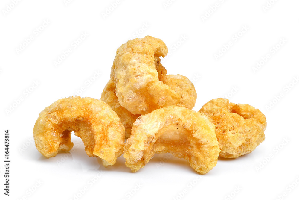 Wall mural pork snack, pork rind, pork scratching, pork crackling, asian food isolated on white background