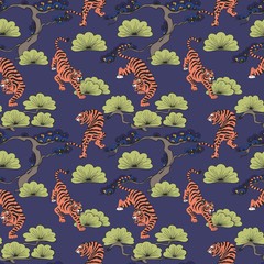 Vector seamless pattern with tigers in Japanese style. Hand drawing. Decorative background for design