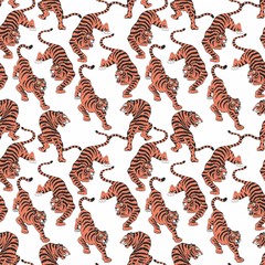 Vector seamless pattern with tigers. Hand drawing. Decorative background for design and decoration