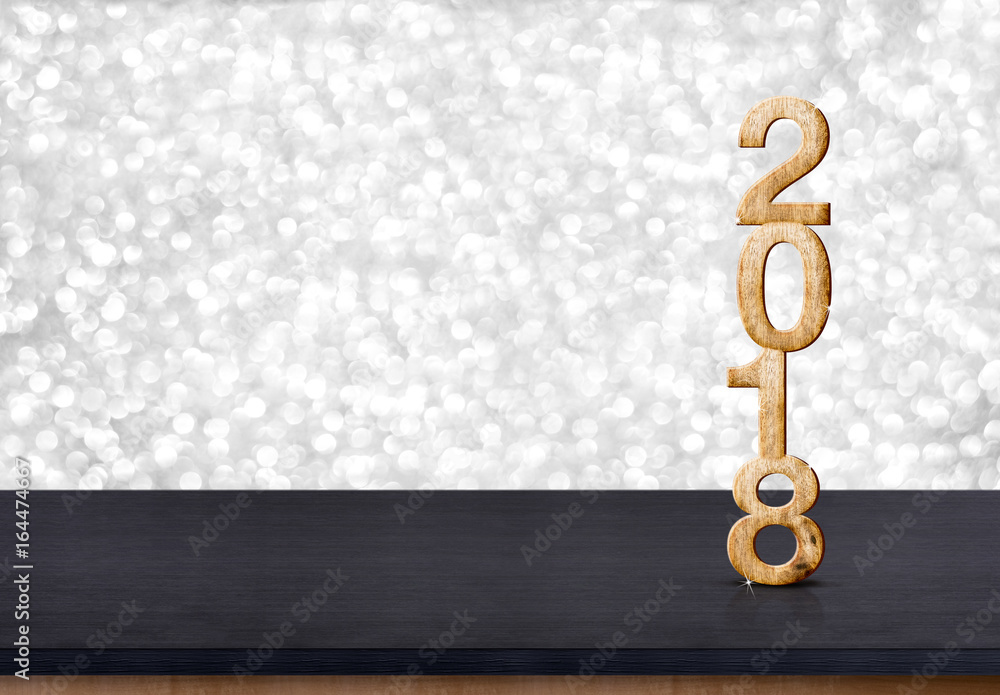 Poster 2018 new year wood number on wood table with sparkling silver bokeh wall,panoramic banner for displa