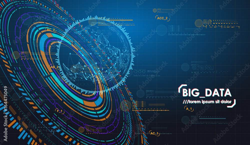 Poster big data abstract visualization. futuristic aesthetic design. big data background with hud elements.
