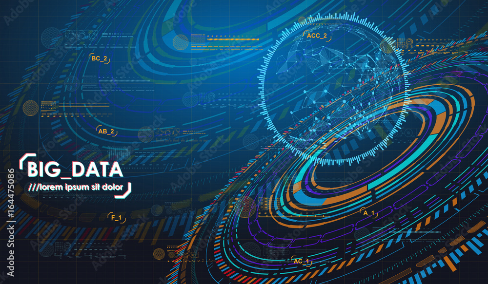 Poster big data abstract visualization. futuristic aesthetic design. big data background with hud elements.