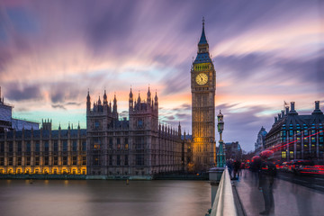 Fototapeta na wymiar London, England - The Big Ben and the Houses of Parliament at dusk with beautiful colorful sky and clouds