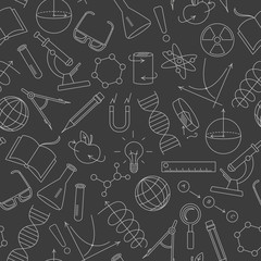 Seamless pattern on the theme of science and inventions, diagrams, charts, and equipment,light  simple contour icons on a dark  background