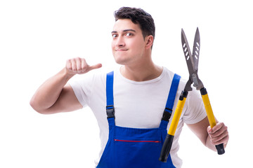 Man gardener with gardening scissors on white background isolate