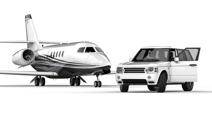 Fototapeta na wymiar White SUV limousine with private jet / 3D render image representing an white private jet with an white SUV limousine