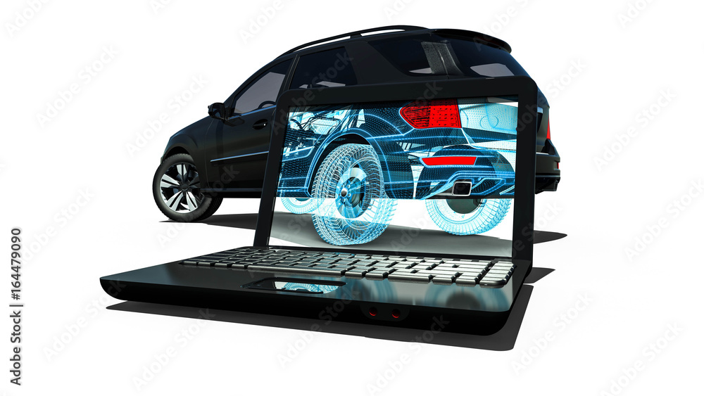Poster wire frame suv / 3d render image representing an luxury suv in wire frame on laptop