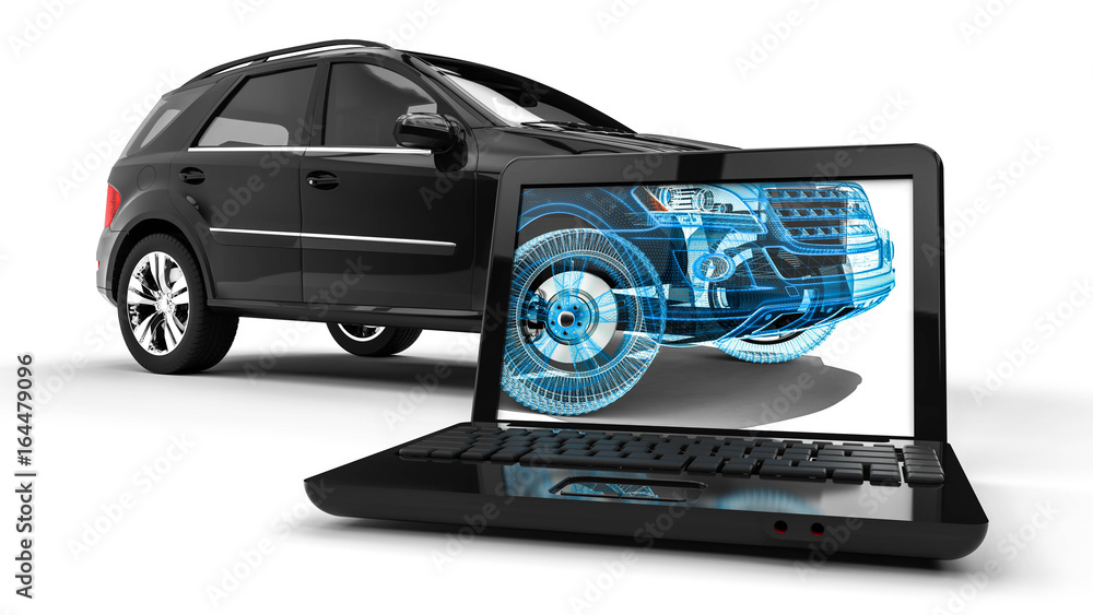 Poster wire frame suv / 3d render image representing an luxury suv in wire frame on laptop
