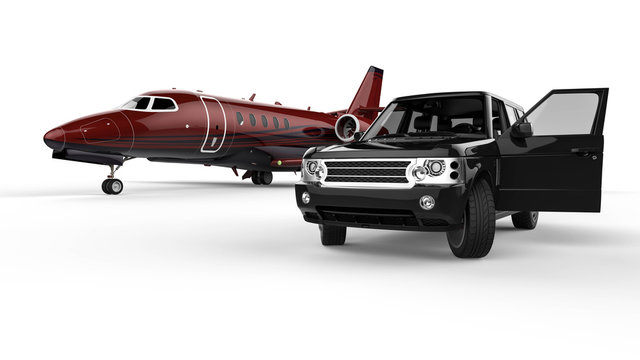 Black SUV limousine with private jet  / 3D render image representing an private jet with an black SUV limousine