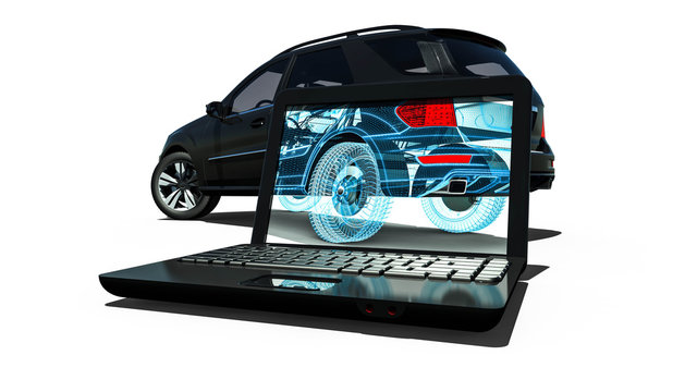  Wire Frame SUV / 3D render image representing an luxury SUV in wire frame on  laptop 