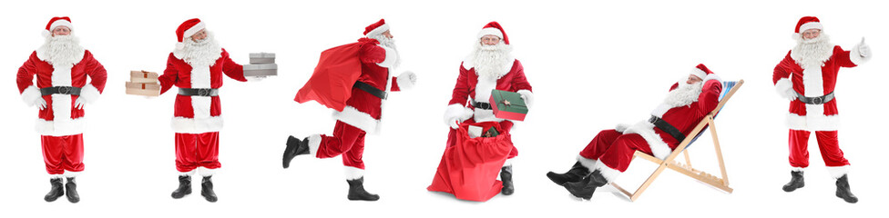 Collage of Santa Claus on white background