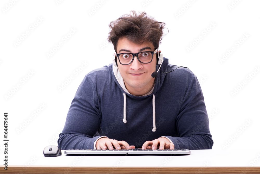 Poster funny nerd man working on computer isolated on white