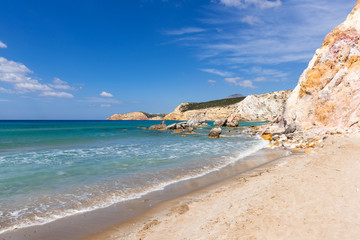 Fototapeta na wymiar Beautiful Firiplaka Beach, sandy beach situated at the southern side in Milos island. Cyclades, Greece.