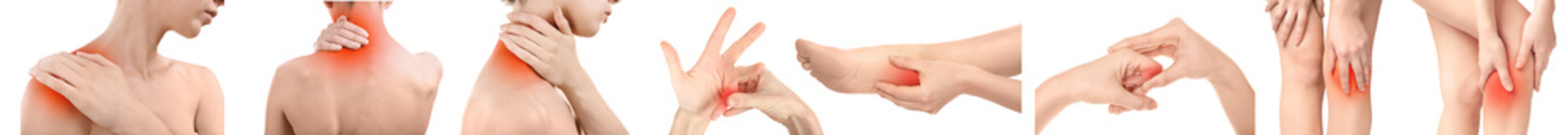 Collage with woman suffering from pain in different parts of body on white background. Orthopedist and health care concept