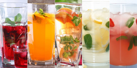 Collage with different kinds of lemonade in glassware, closeup