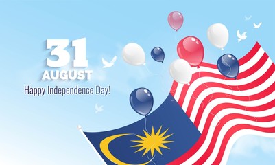 31 August. Malaysia Independence Day greeting card. Celebration background with flying balloons and waving flag. Vector illustration