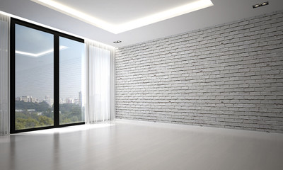 The 3d rendering interior design of luxury empty living room and white brick wall background