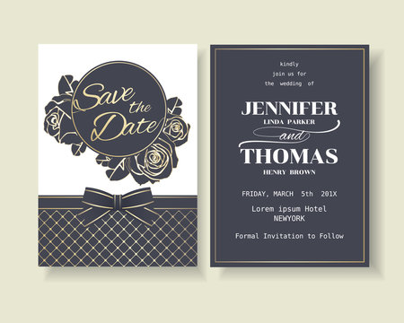 Set of Luxury Navy Blue Wedding Invitation Card With Roses Decoration.Vector/Illustration