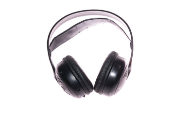 Black audio headphones on pure white background