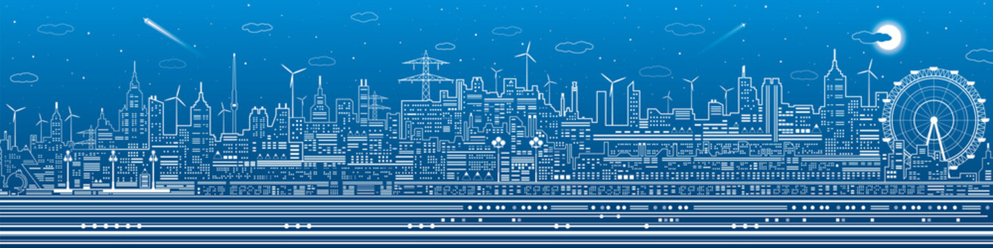 Night city panorama, town infrastructure illustration, ferris wheel, modern skyline, white lines on blue background, vector design art 