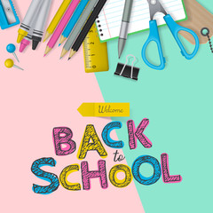 Back to school banner design with lettering and school supplies. Flat lay style