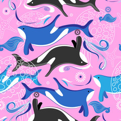 Obraz premium Seamless vector sea pattern with whales