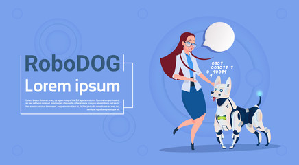 Woman Playing With Robotic Dog Cute Domestic Animal Modern Robot Pet Artificial Intelligence Technology Flat Vector Illustration