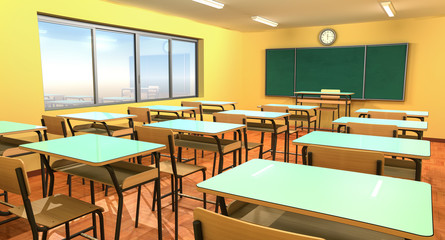 Empty classroom with chalkboard, chairs and 
school desk.
