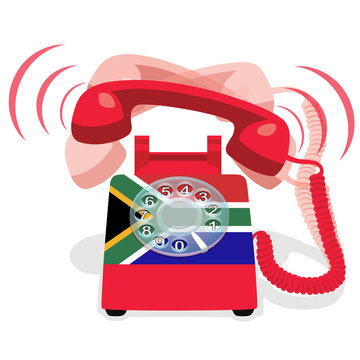 Ringing red stationary phone with flag of Republic of South Africa