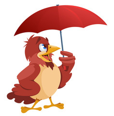 Bad weather. Funny sparrow with umbrella. Cartoon styled vector illustration. Elements is grouped. No transparent objects.