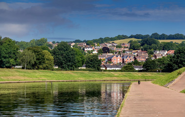 Fototapeta na wymiar Quay of the channel of the river Ex in Exeter. Morning. The dog runs along the path. Houses made of red brick on the opposite shore. Exeter. Devon. UK