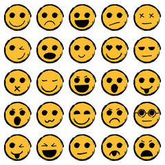 Set of Emoticons hand drawn. Collection emoji icons. Isolated vector illustration.