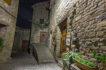 Fototapeta na wymiar Ainsa medieval village of the Pyrenees with beautiful stone houses at night, Huesca, Spain