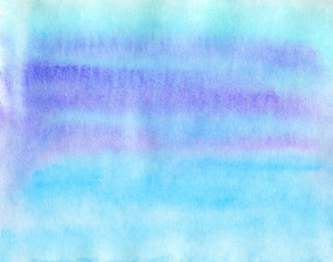 Watercolor abstract colorful illustration. Painting light blue, purple splashes. Hand drawn wet background with stripes in vintage style.