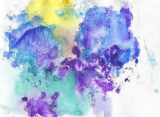 Watercolor colorful abstract background in vintage style. Hand drawn blue, yellow, purple splashes. Painting artistic wet illustration
