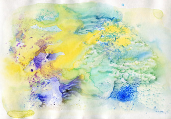 Watercolor abstract colorful background in vintage style. Hand drawn blue, yellow, purple splashes. Painting wet illustration