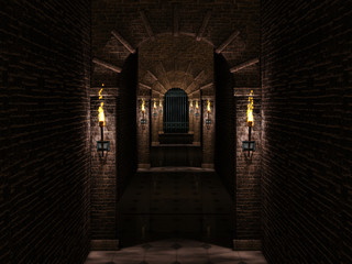 Medieval corridor and iron castle gate