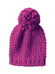 Pink woolen winter cap hat with a pom pom pompon isolated on white