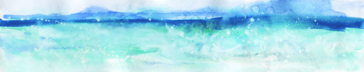 Watercolor horizontal abstract nature background. Painting tropical ocean, wave, mountain illustration
