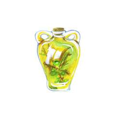 Hand drawn bottle of olive oil on white background. Watercolor green olive. Painting realistic eco food illustration