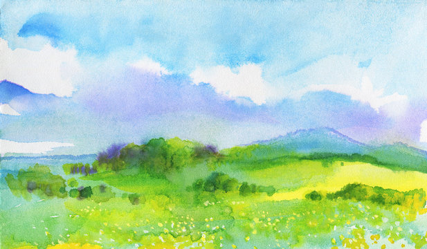 Watercolor landscape with mountains, blue sky, clouds, green glade with dandelion. Hand drawn nature european background. Painting countryside illustration