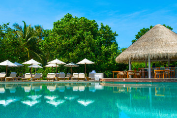 Large infinity pool on the shores of the Indian Ocean with sunbeds and umbrellas in the shade of the palm trees