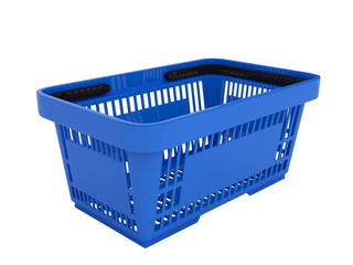 Double handle portable plastic shopping basket for supermarket. 3d isolated illustration on white background. Digitally generated image.