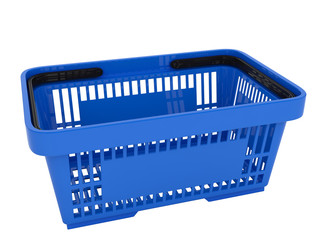 Double handle portable plastic shopping basket for supermarket. 3d isolated illustration on white background. Digitally generated image.
