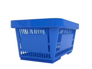 Double handle portable plastic shopping basket for supermarket. 3d isolated illustration on white background. Digitally generated image.